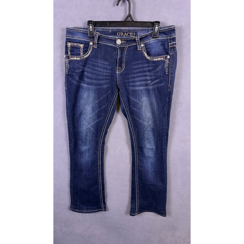 Grace in LA Boot Cut Jeans Women Size 31 Blue Embellished Cowgirl Denim Rodeo